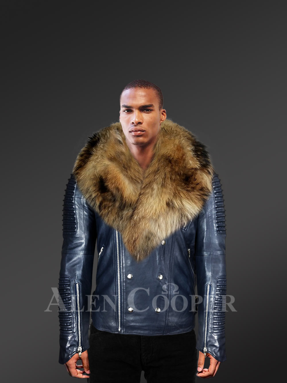 Exclusive Men Shearling Jacket With Silver Fox Detailing