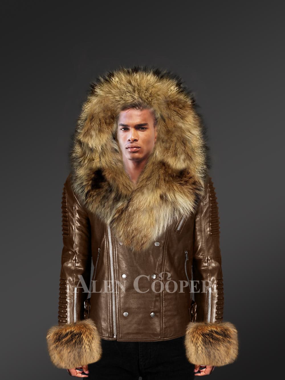 leather coat with fur hood mens