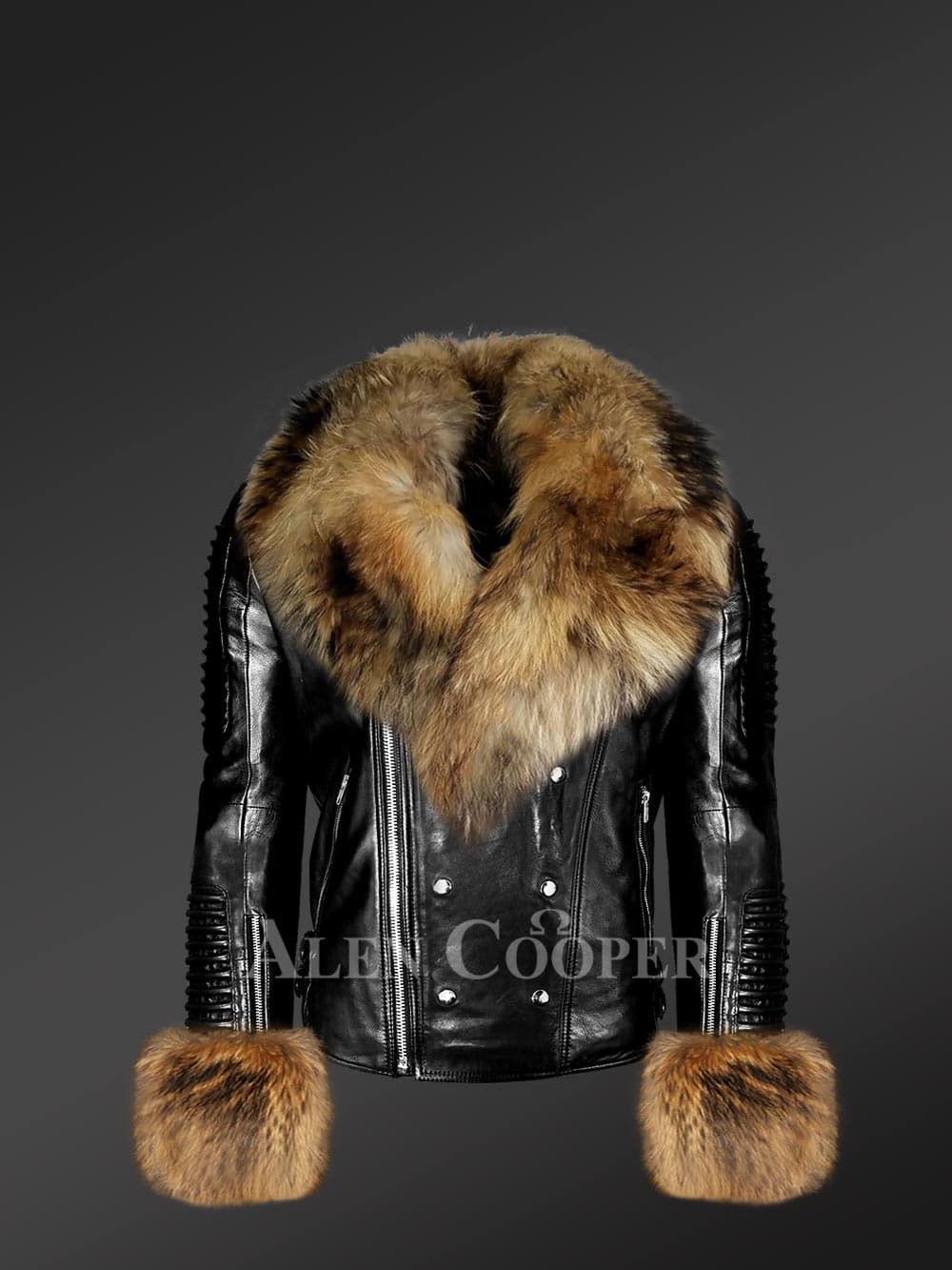 Men’s leather jacket with detachable fox fur collar and cuffs