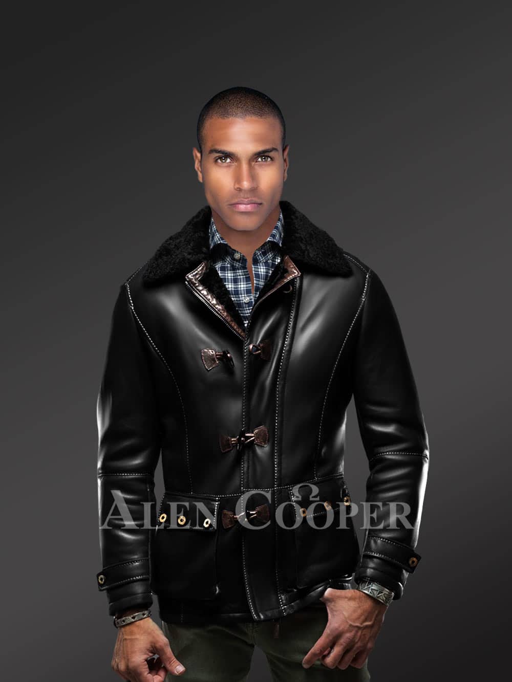 Men's Red Shearling Trim Winter Coat