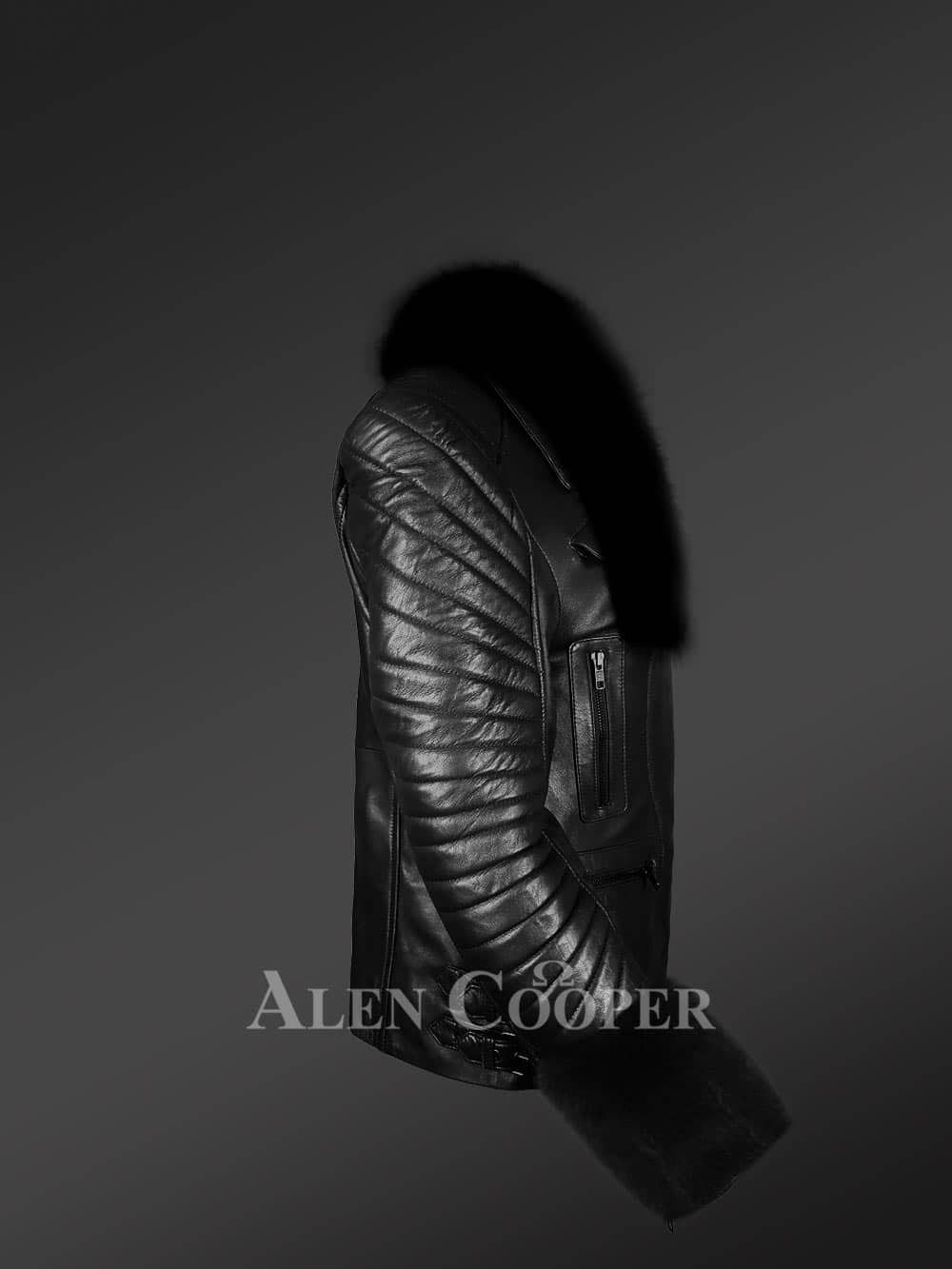 Biker Leather Jacket With Fox Fur Hood And Cuffs