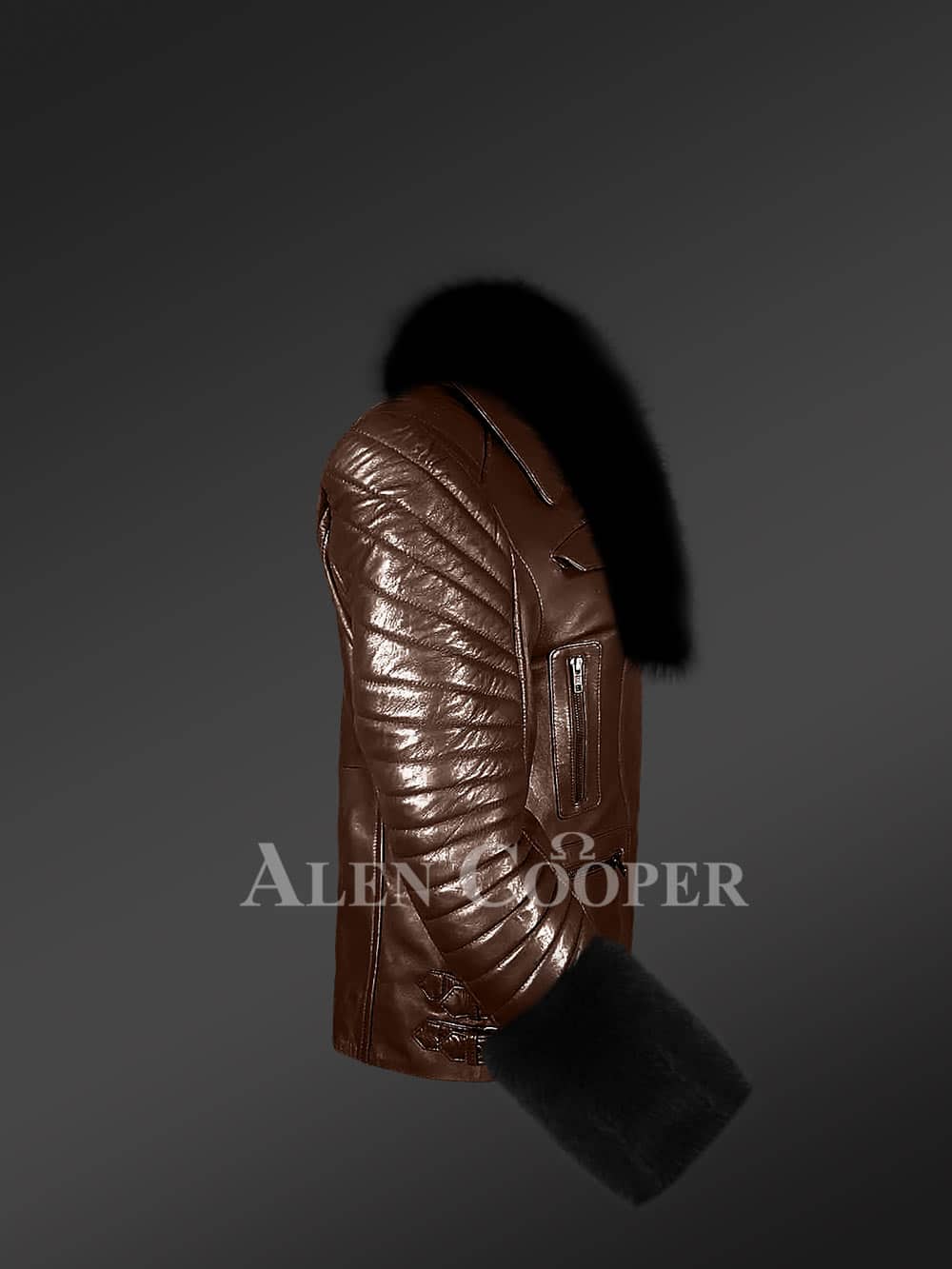 Leather Jacket With Detachable Fox Fur Hood And Cuffs