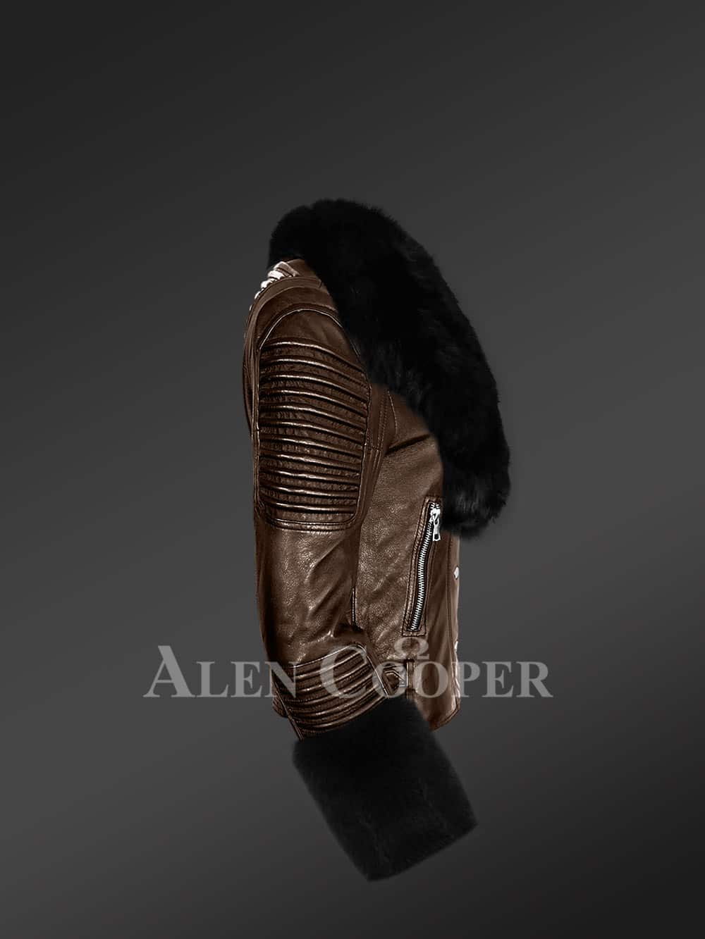 Biker Leather Jacket With Fox Fur Hood And Cuffs