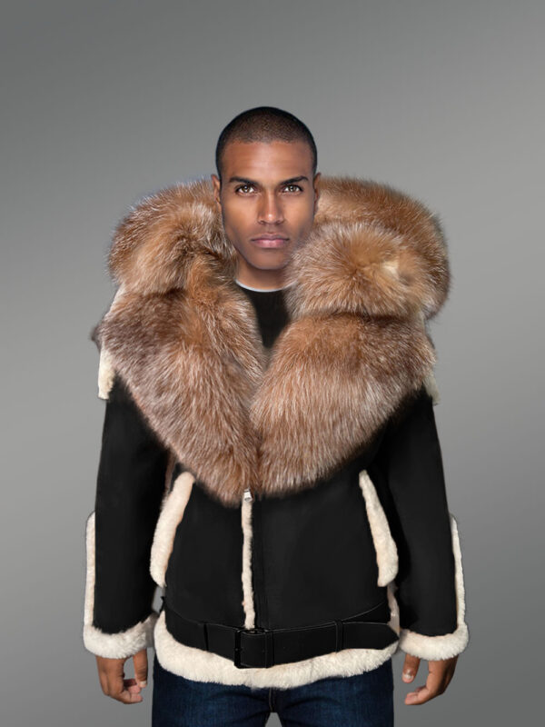 Authentic Men’s Black Shearling Jacket with Crystal Fox Fur Detailing