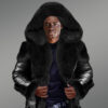 Black Shearling Coat With Fox Fur Collar for men