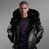 Black Sheepskin Jacket with Black Fox Fur for men