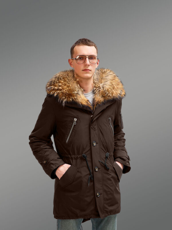 More Stylish and Elegant With Finn Raccoon Fur Hybrid Coffee Parka Convertibles for Men with Rabbit Liner - Image 2