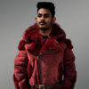 Burgundy Suede Finish Shearling Jacket with Fox Fur Hood