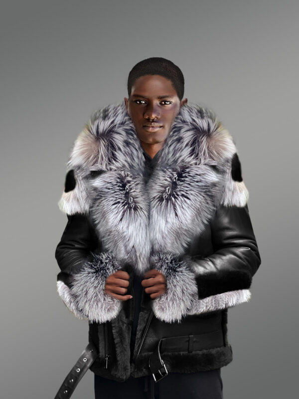 Exclusive Men Shearling Jacket With Silver Fox Detailing