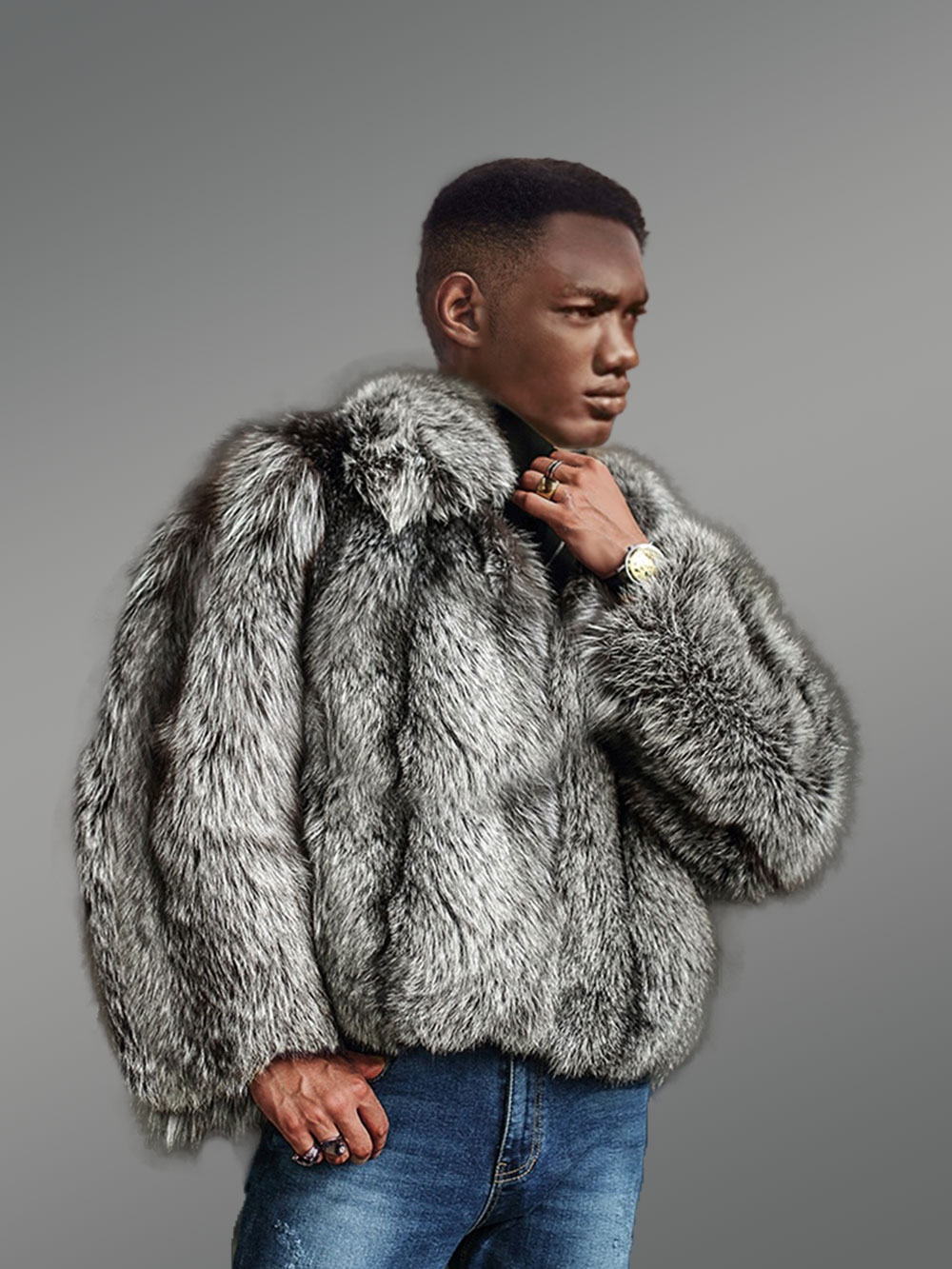 Impeccable Silver Fox Fur Bomber Jacket