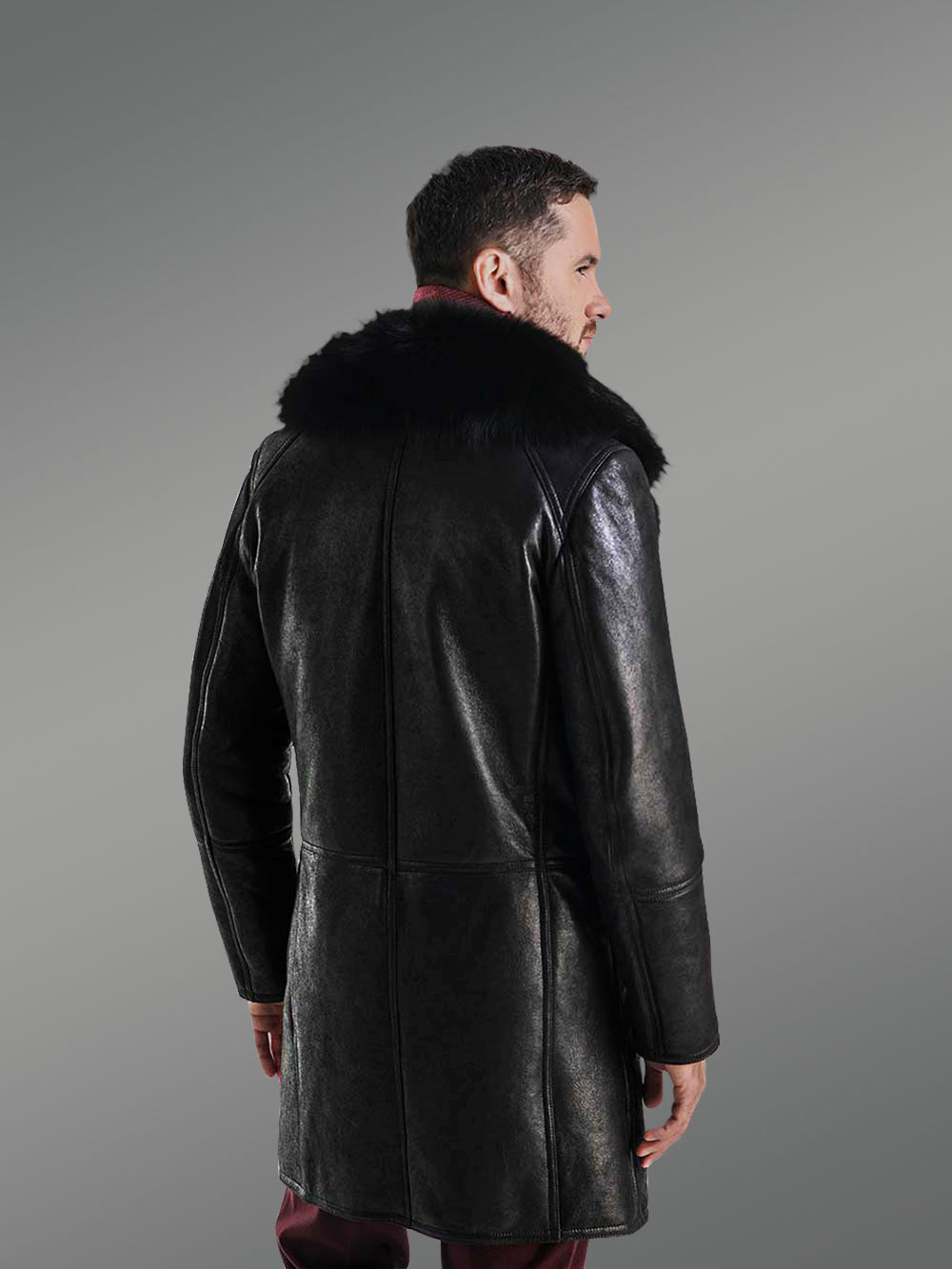 Long And Stylish Classic Cut Merino Lamb Fur Lined Leather Coat For Men 3911