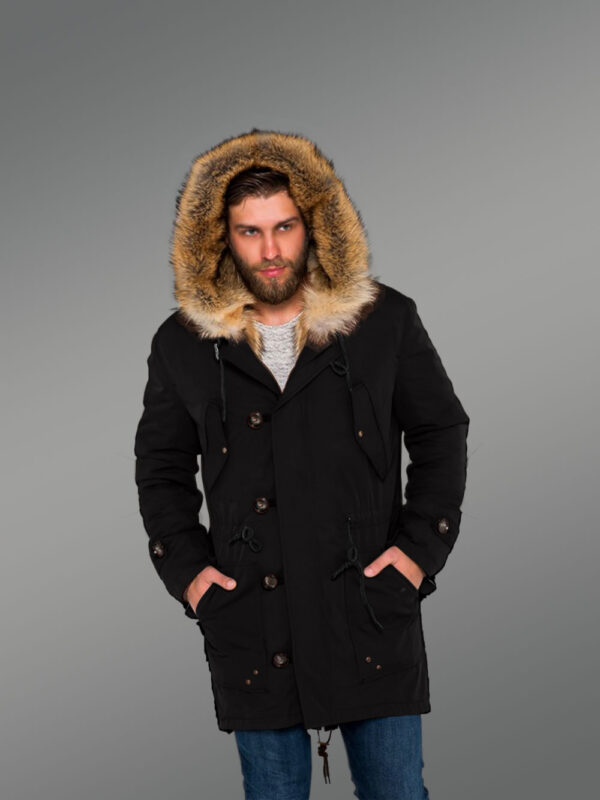 Men’s Golden Island Fox Fur Hybrid Black Parka Convertibles for More Stylish and Elegant You with Rabbit Liner - Image 3