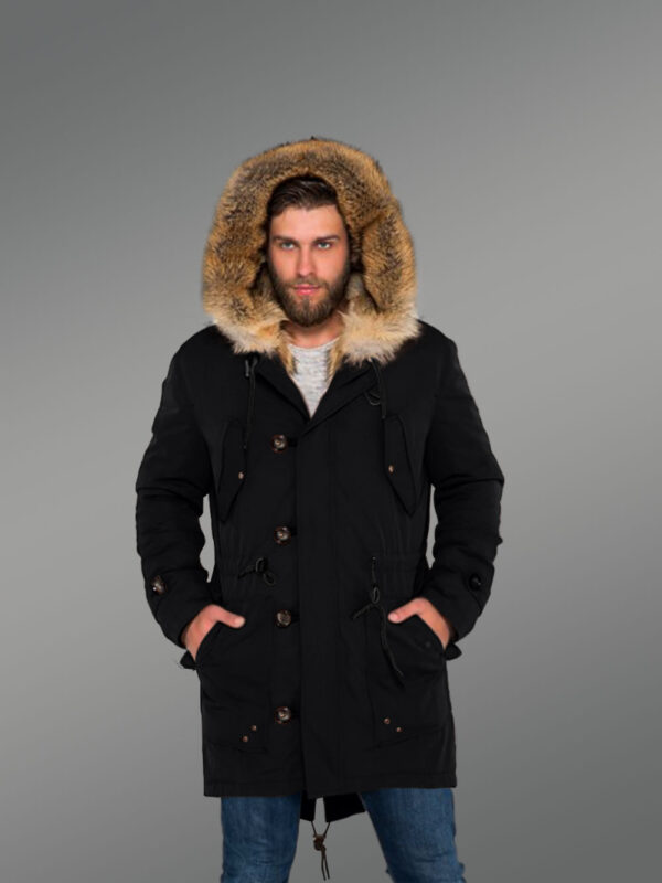 Men’s Golden Island Fox Fur Hybrid Black Parka Convertibles for More Stylish and Elegant You with Rabbit Liner - Image 4