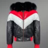 Men’s Stylish V Bomber Leather Jackets with Fur Collar and Zippered-Out Fur Hood