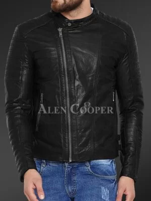 Men’s pure leather jacket with stylish asymmetrical zipper closure and quilted sleeves