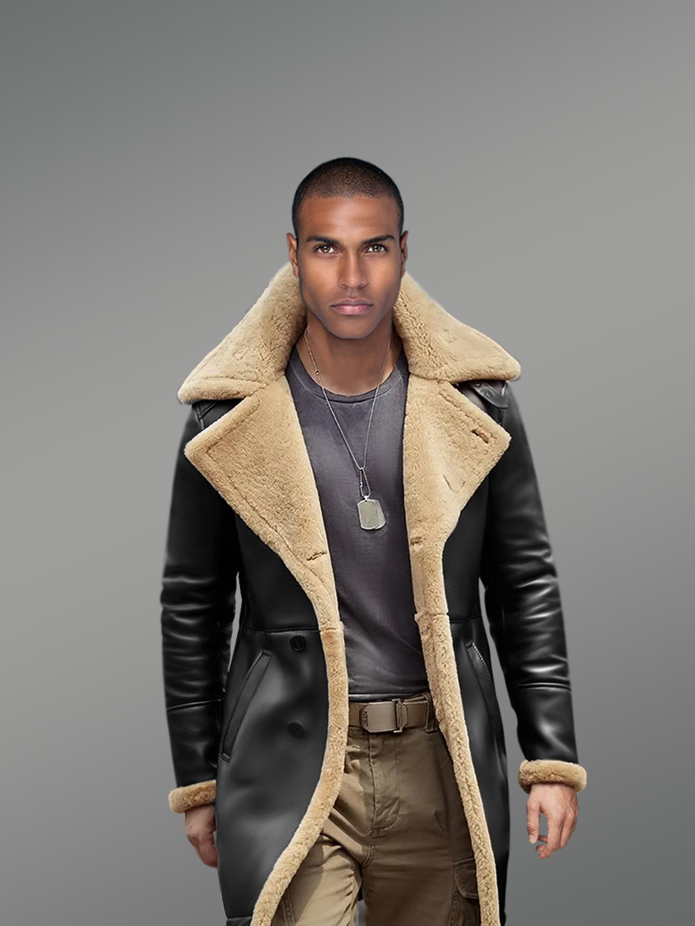 Nappa Finish Black Trench Shearling Coat For Men