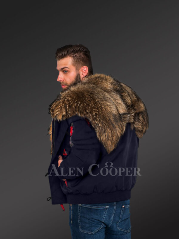 Parka Bomber in Navy with Finn Raccoon Fur Hood and Frontline for Stylish Men with Rabbit Liner - Image 4