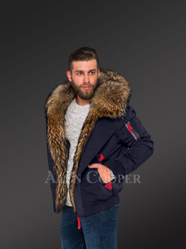 Parka Bomber in Navy with Finn Raccoon Fur Hood and Frontline for Stylish Men with Rabbit Liner - Image 2