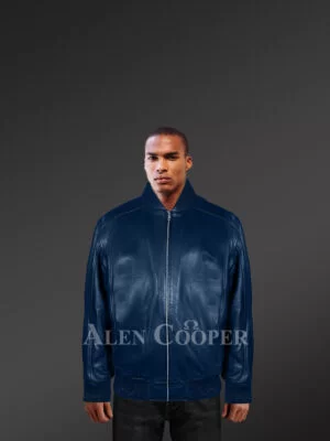 Stylish navy colored real leather jacket for men