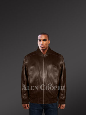 Stylish semi-bomber coffee color real leather jacket for men