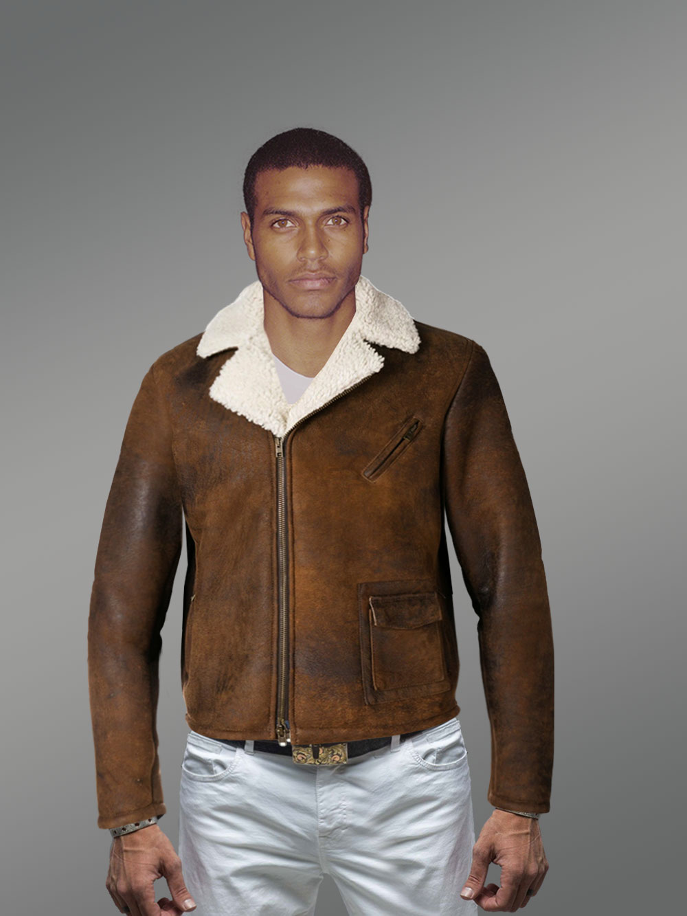 Men Old Fashion Brown Shearling Jacket