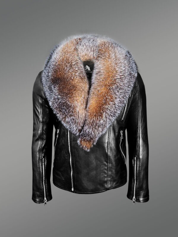 Biker Leather Jacket with Crystal Fox Fur Collar - Image 2