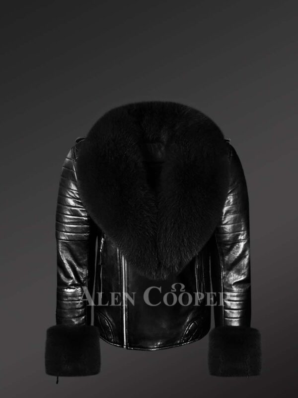 Black Leather Jacket with Fox Fur Collar and Cuffs - Image 2