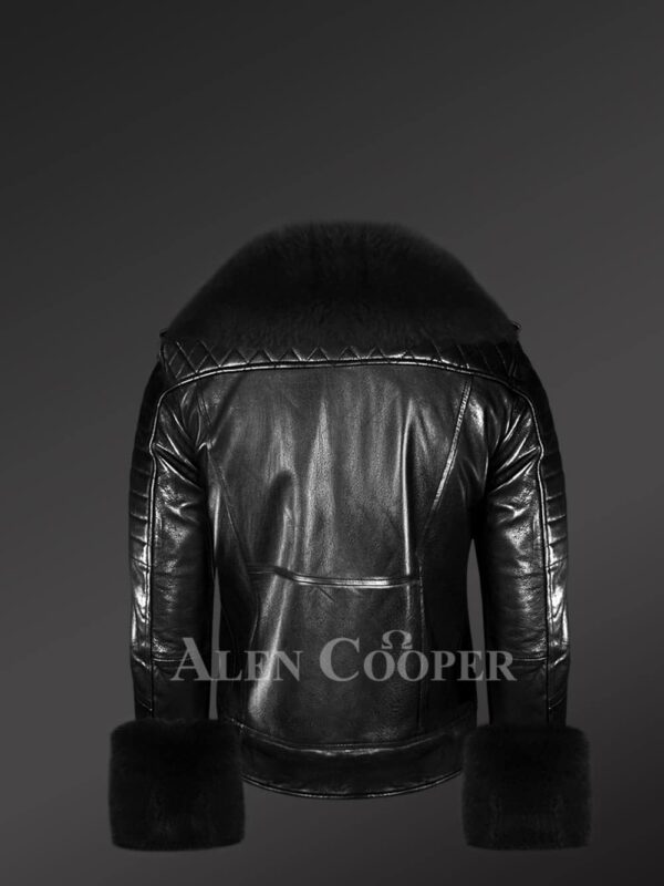 Black Leather Jacket with Fox Fur Collar and Cuffs - Image 4