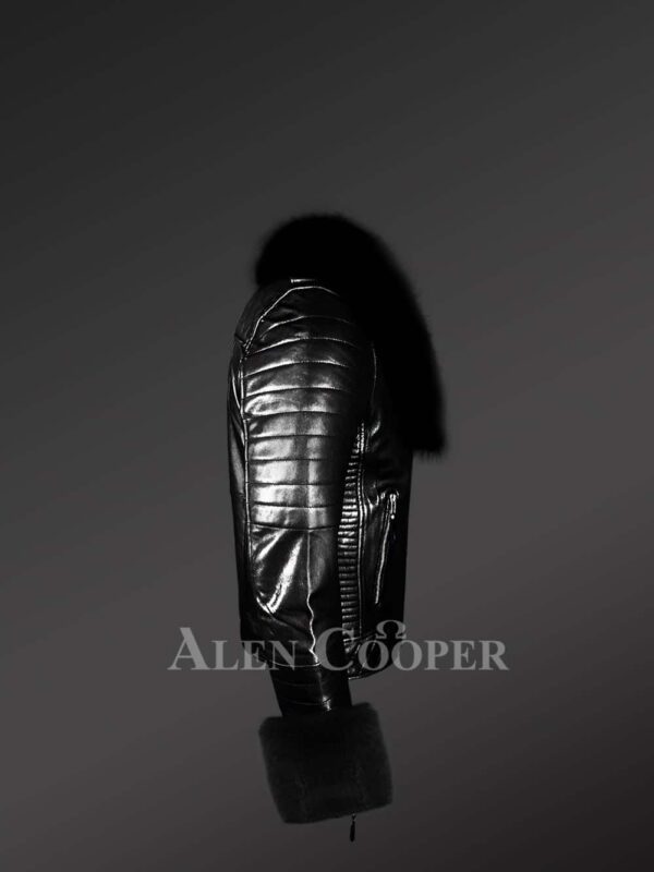 Black Leather Jacket with Fox Fur Collar and Cuffs - Image 3