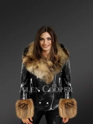 Black Leather Jacket with Fur for women