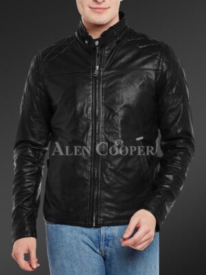 Black Men’s iconic black short real leather jacket with quilted shoulder