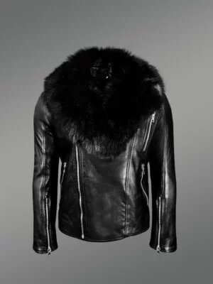 Black Motorcycle Leather Jacket with Fox Fur Collar for Men