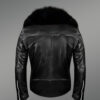 Black Motorcycle Leather Jacket with Fox Fur Collar for Men