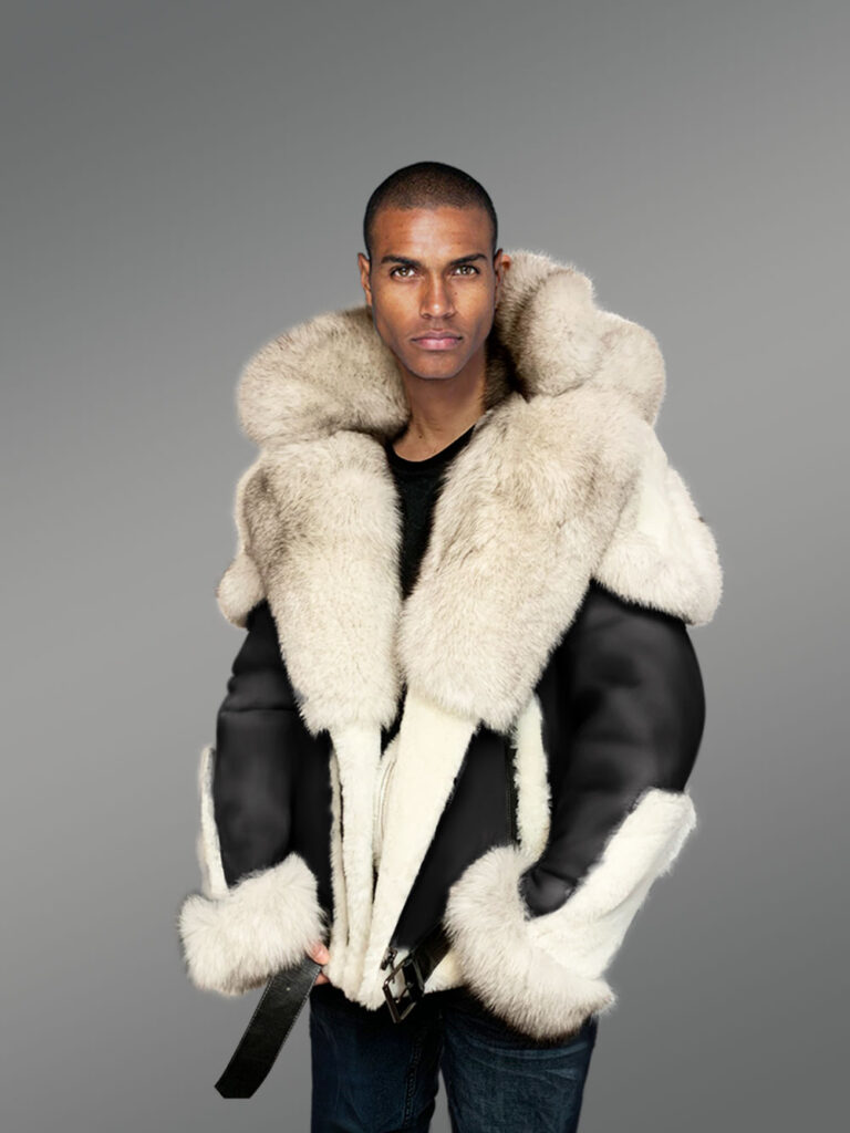 Shearling Sheepskin Fox Fur Collar Biker Jacket