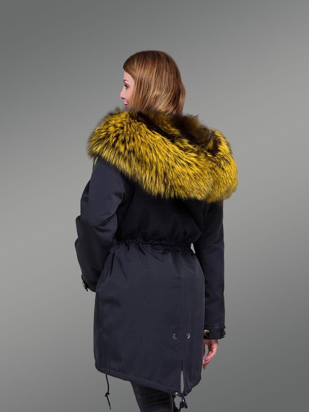 Elegant long black parka with fur front line and hood for women