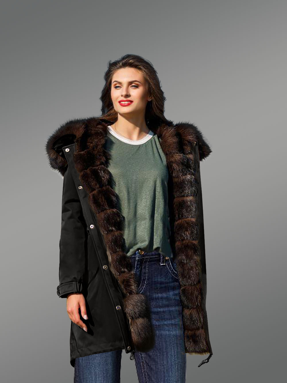 Exotic Arctic Fox Fur Black Parka Convertibles With Fox Liner