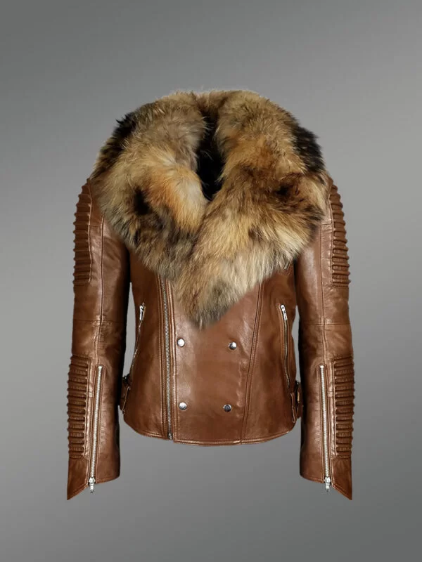 Tan Leather Jacket with Raccoon Fur Collar
