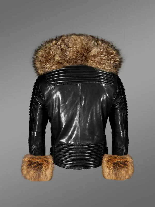 Men’s Leather Jacket with Detachable Fox Fur Collar and Cuffs