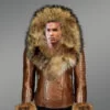 Men’s Brown Leather Jacket with Genuine Fur Hood and Handcuffs