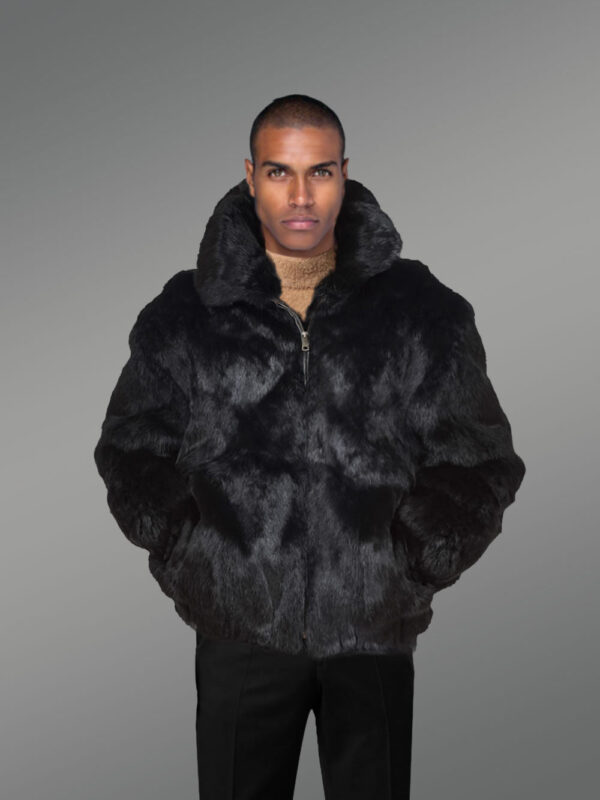 Baggy Rabbit Fur Coat with Detachable Hood in Black - Image 2