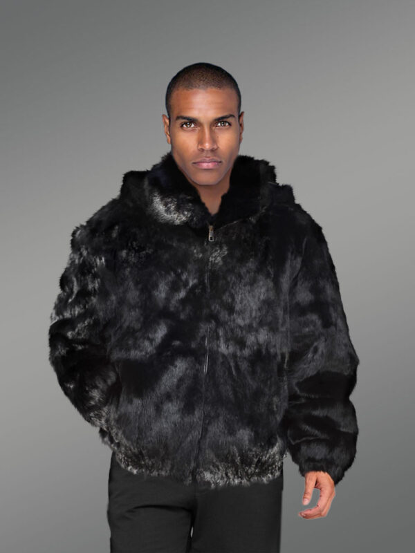 Baggy Rabbit Fur Coat with Detachable Hood in Black - Image 3