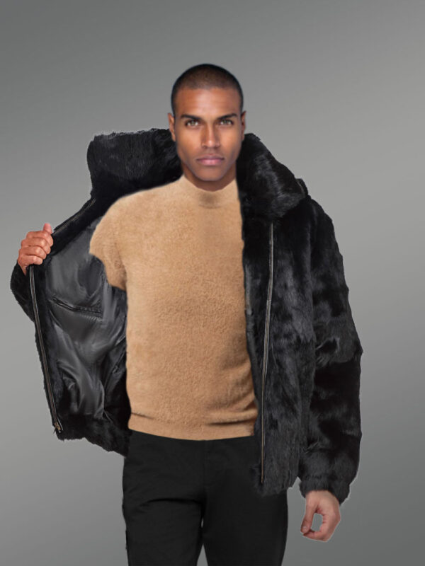 Baggy Rabbit Fur Coat with Detachable Hood in Black - Image 4