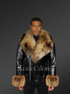 Genuine Leather jackets in black with detachable fur collar and handcuffs