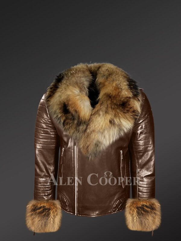 Genuine Leather Jackets in Coffee with Detachable Fur Collar and Handcuffs - Image 2