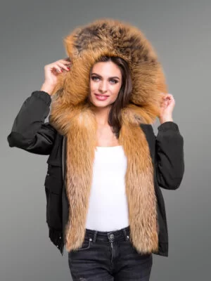 Ladies’ Golden Island Fox Fur Hybrid Black Bomber Jacket