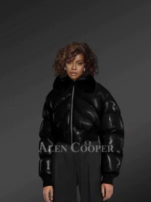 Leather Bomber Jacket With Fox Fur Collar For Women