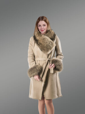Long Leather Coat with Raccoon Fur on Collar and Cuffs