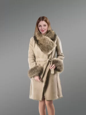 Long Leather Coat with Raccoon Fur on Collar and Cuffs