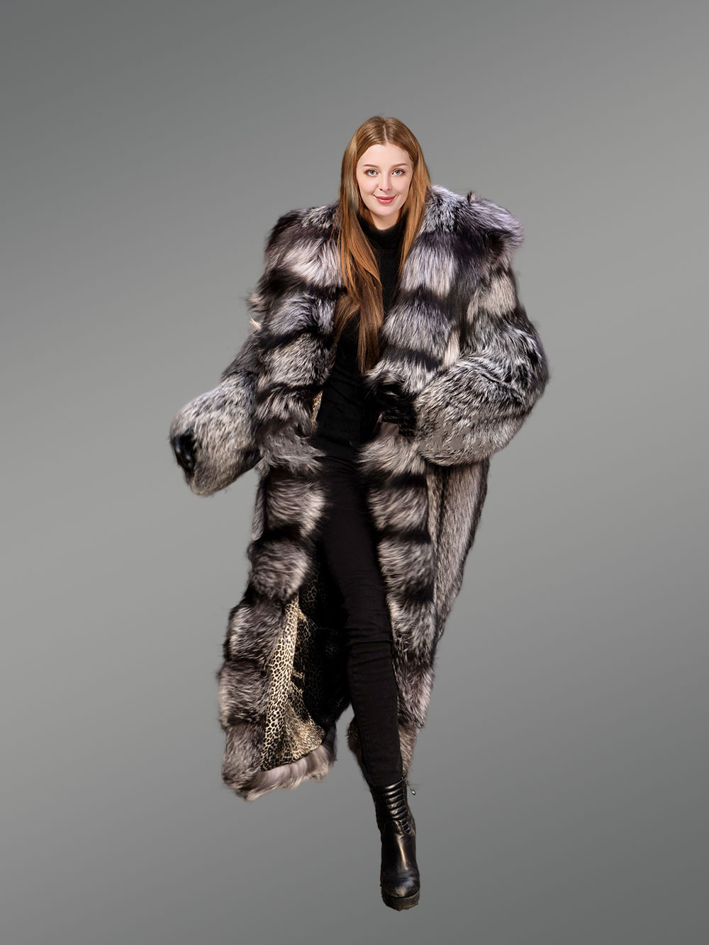 Long Silver Fox Coat with hood