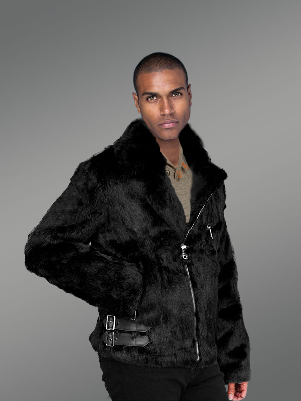 Rabbit Fur Bomber for Men with hood